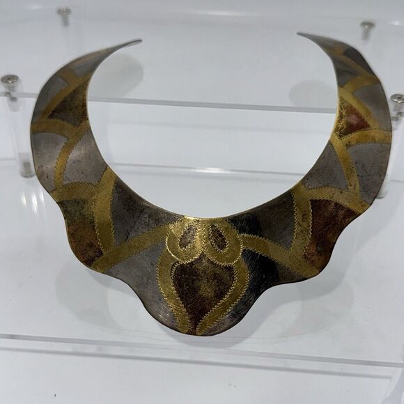 VTG Modernist Stamped Brass Collar Necklace Bib Choker Scalloped Silver Copper - Picture 1 of 9